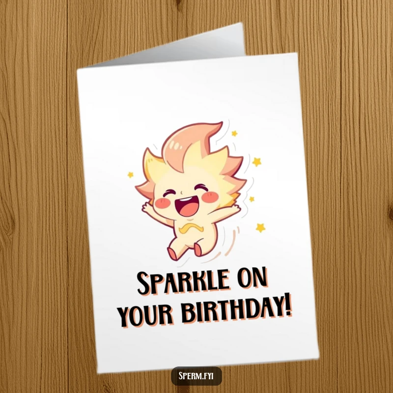 Funny Free Printable Birthday Card: Joyous spark character zips energetically through the air, bringing birthday cheer.