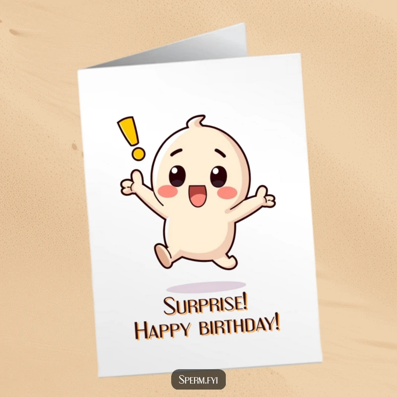 Funny Free Printable Birthday Card: A cute kawaii exclamation point character leaping joyfully with wide eyes, expressing birthday surprise.