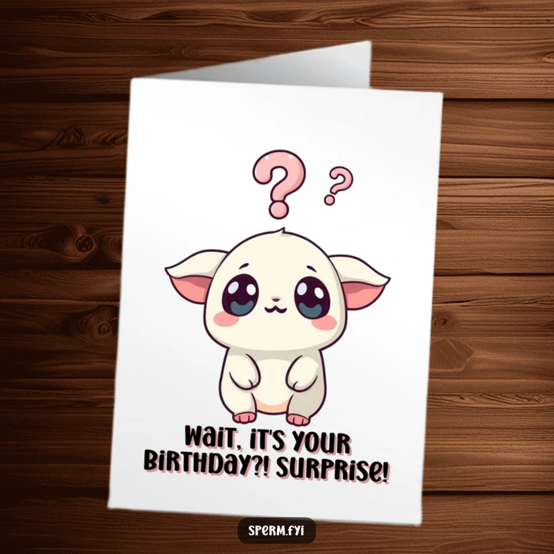 Funny Free Printable Birthday Card: Surprised Kawaii creature with wide eyes staring at a question mark, a humorous birthday surprise.