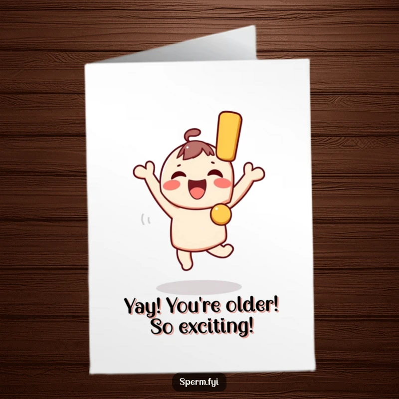 Funny Free Printable Birthday Card: Cute Kawaii character jumping with joy holding a big exclamation mark, celebrating happiness.