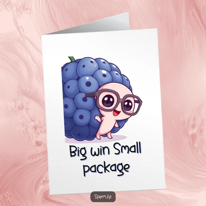 Free Printable Congratulations Card: Sperm wearing glasses hides behind a giant blueberry, signifying surprise. Funny.