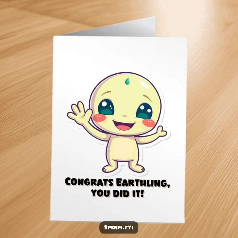 Funny Free Printable Congratulations Card with a playful alien character waving with a wide grin, a humorous way to say congrats.