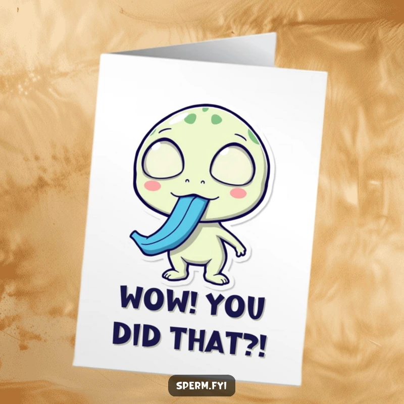 Funny Free Printable Congratulations Card: A surprised alien sticks out a long, blue tongue, celebrating an unexpected win.
