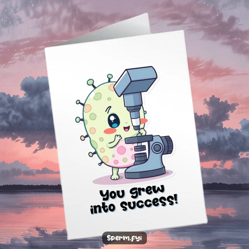 Funny Free Printable Congrats Card: Curious bacteria character examines achievements under a microscope with keen interest.