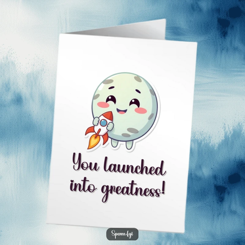 Funny Free Printable Congratulations Card: A smiling planet character holds a tiny rocket, symbolizing a successful launch and new journey.