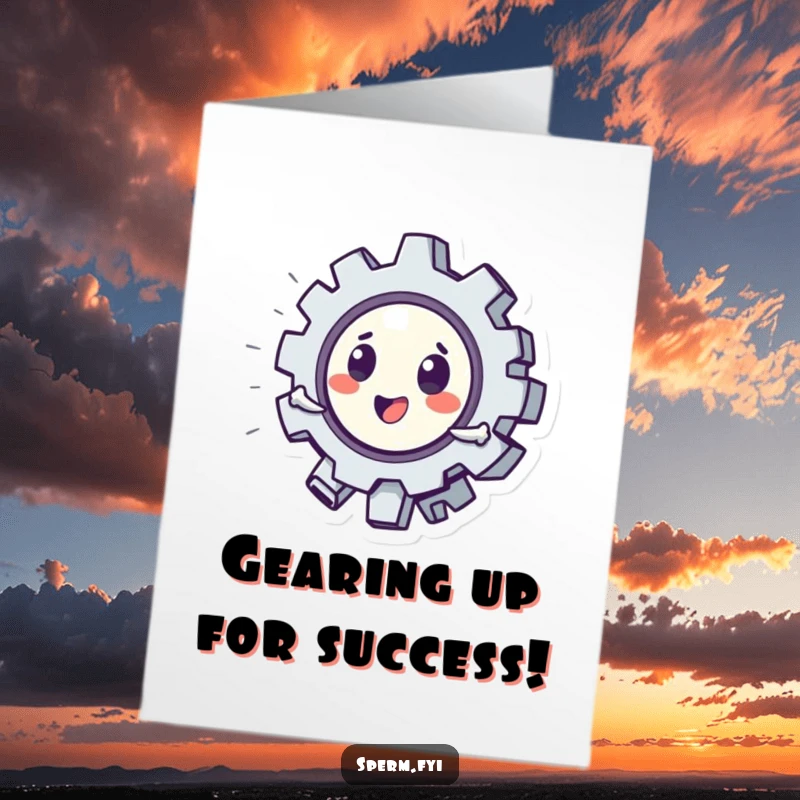 Funny Free Printable Congratulations Card: A cheerful gear character in full spin, celebrating your amazing accomplishment.