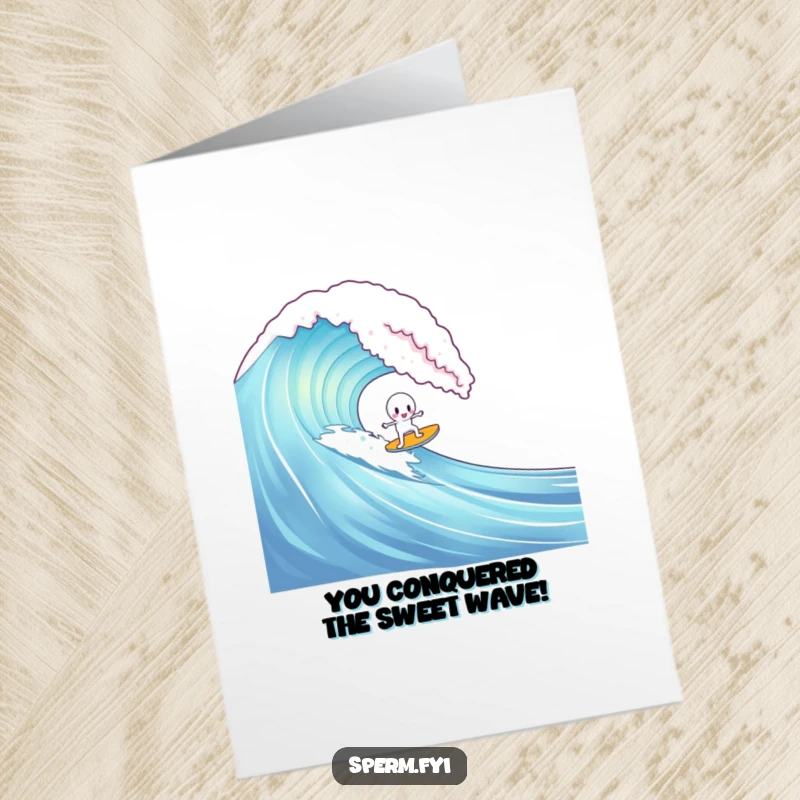 Funny free printable congratulations card: A sperm character bravely tries to surf a massive gummy bear wave, riding the sweet crest.
