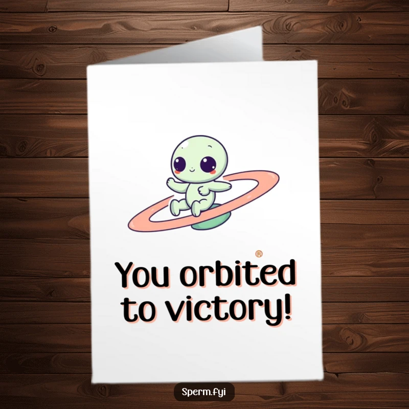 Funny Free Printable Congratulations Card: Kawaii alien playfully zooming around a spinning planet, celebrating a stellar achievement.