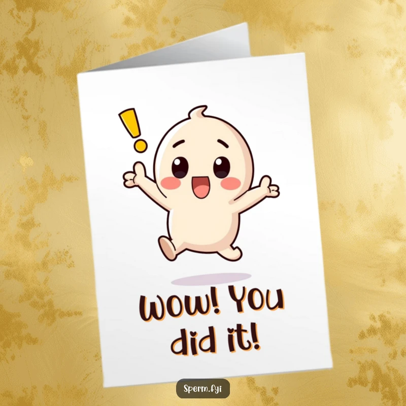 Funny Free Printable Congratulations Card: A kawaii exclamation point character jumping high with sheer excitement, celebrating a big win.