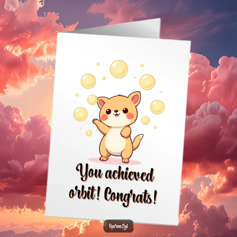 Funny Free Printable Congratulations Card showing a dizzy Kawaii animal juggling radiant orbs, celebrating a win.