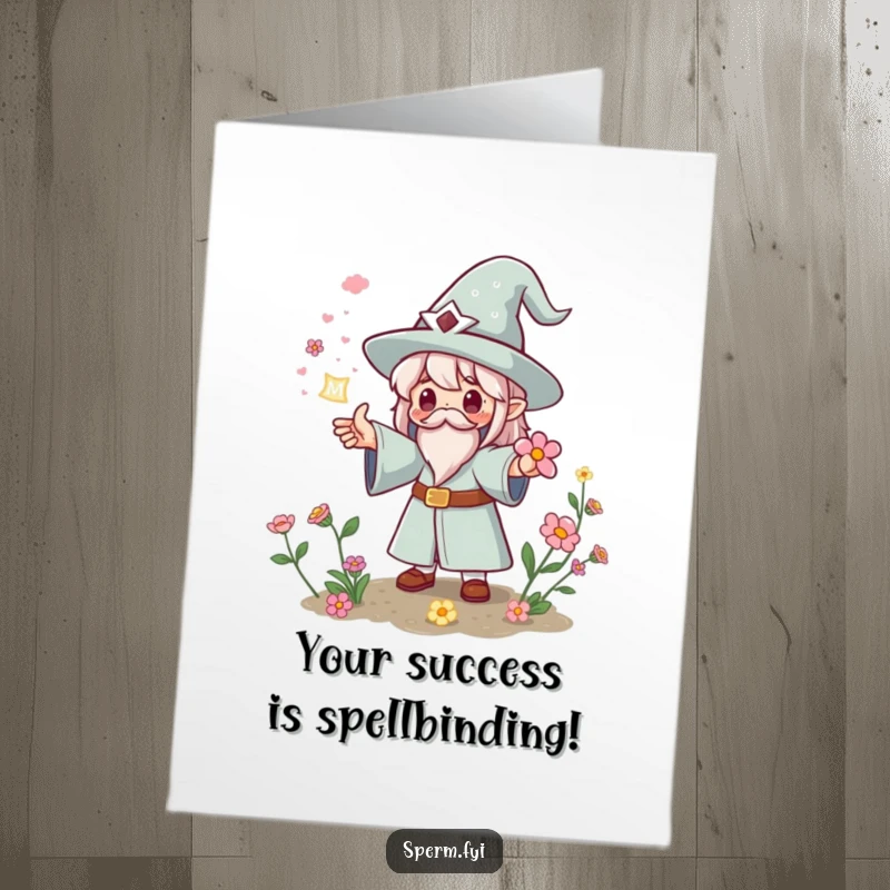 Funny Free Printable Kawaii wizard casting a flower-blooming spell, perfect for a congratulations card.