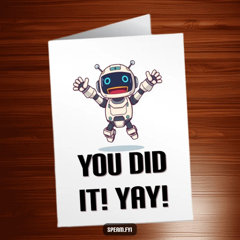 Funny Free Printable Congratulations Card: Thrilled robot character leaping with arms wide, celebrating a big win with circuits buzzing.