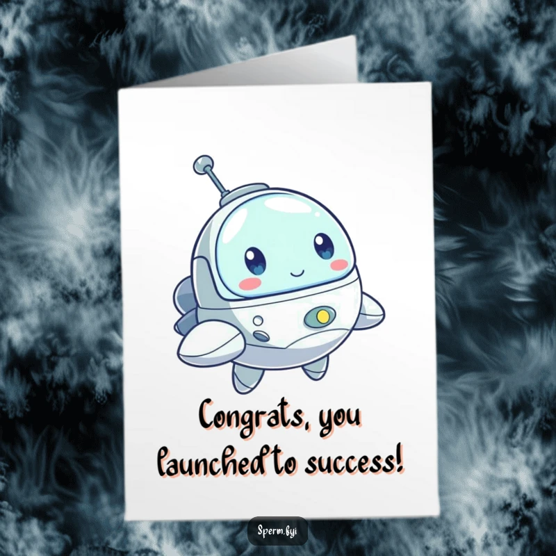 Funny Free Printable Congratulations Card with a bouncing little spaceship character with a determined look, celebrating big wins.