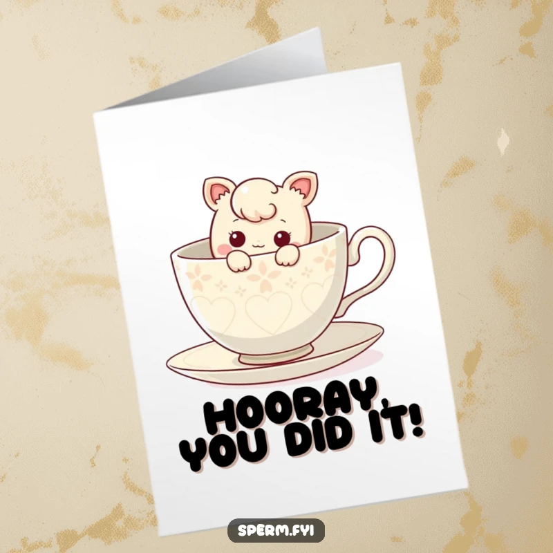Funny Free Printable Congratulations Card: Curious character peeking from a giant teacup, a humorous and intriguing congratulatory message.