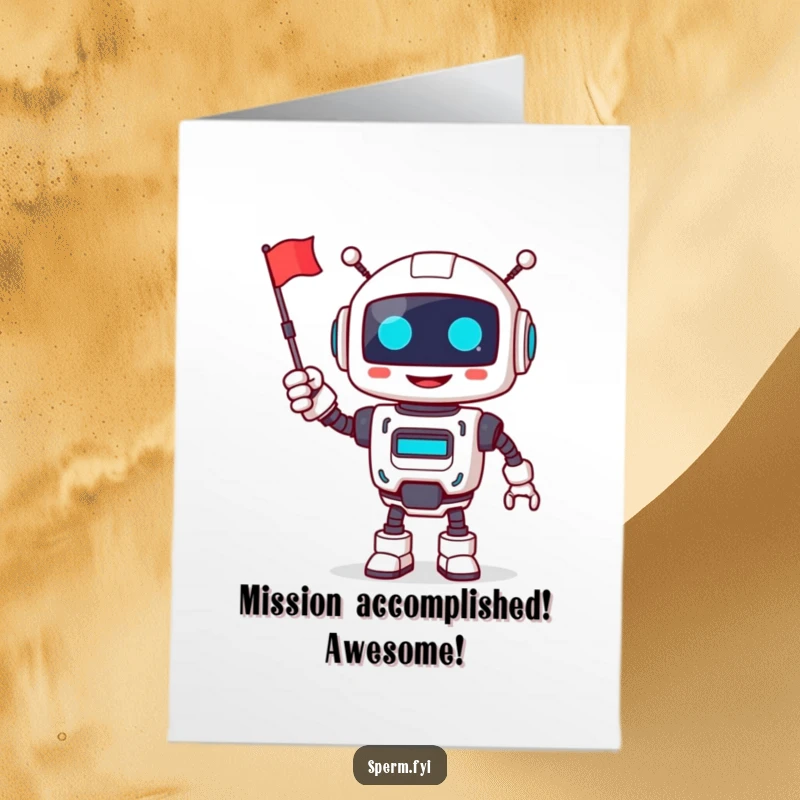 Funny Free Printable Congratulations Card: A smiling robot cheerfully waves a tiny flag to celebrate a victory.