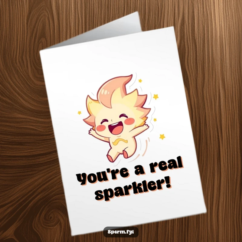 Funny Free Printable Congrats Card: Joyous spark character zips through the air, celebrating brilliant achievements with excitement.