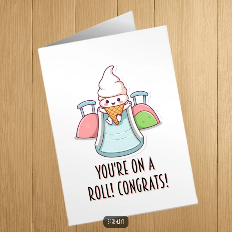 Funny Free Printable Congratulations Card featuring a joyous Kawaii ice cream cone sliding down a slide, celebrating success.