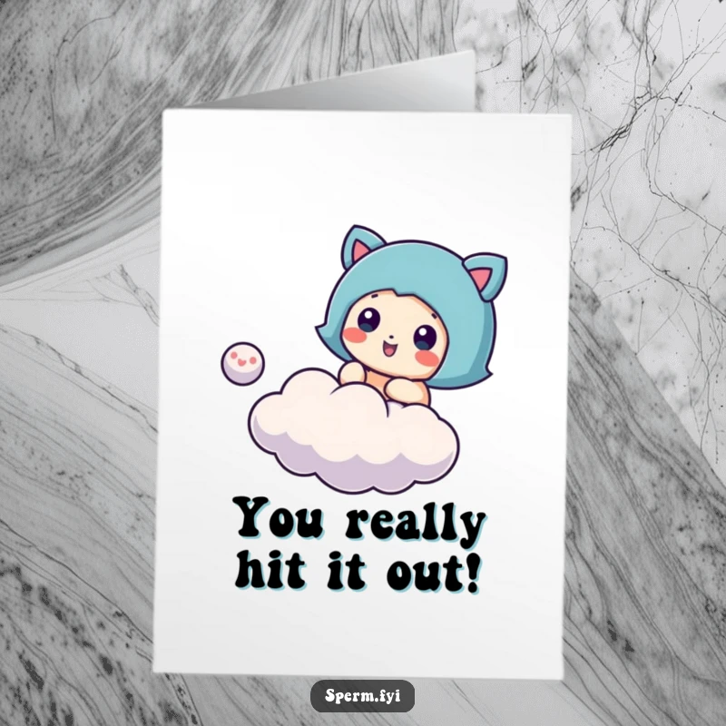 Funny free printable congratulations card: a playful character bouncing a tiny cloud like a ball, ideal for a DIY gift.
