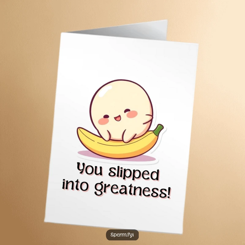 Funny Free Printable Congratulations Card: Cheerful blob slips on banana peel, a comical take on success.