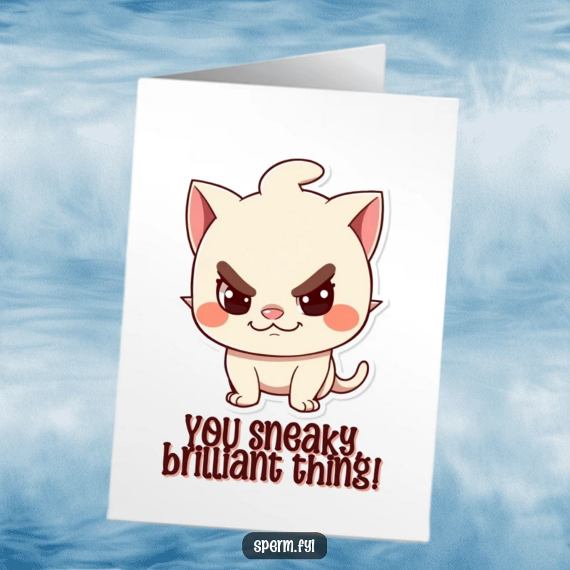 Funny free printable congratulations card with a mischievous character sporting a sly, playful grin. Celebrate their win with humor.