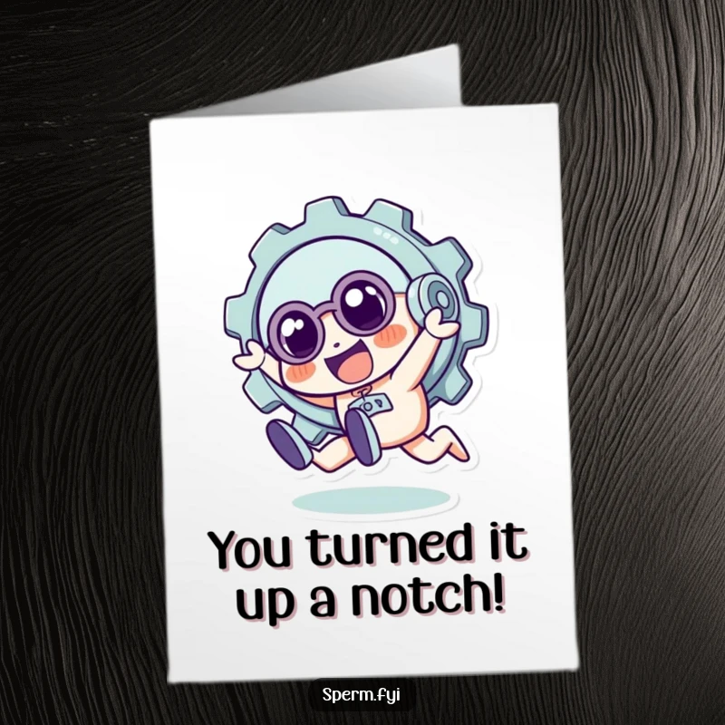 Funny Free Printable Congratulations Card: A quirky gear character executing a playful tumble, energetic downloadable greeting.