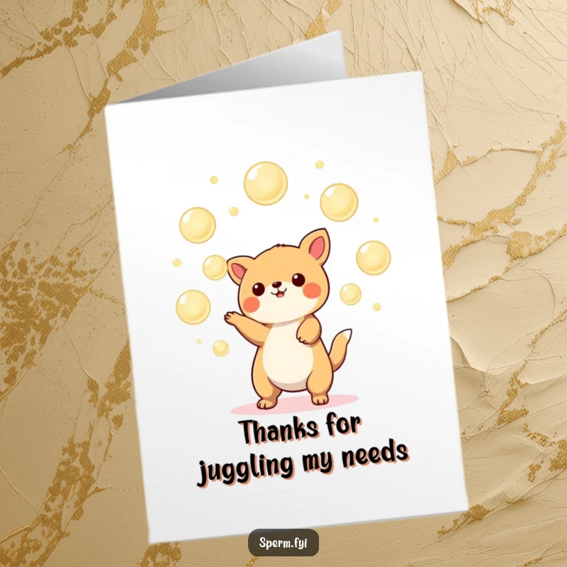 Funny Free Printable Thank You Card depicting a cheerful Kawaii animal impressively juggling glowing orbs in appreciation.