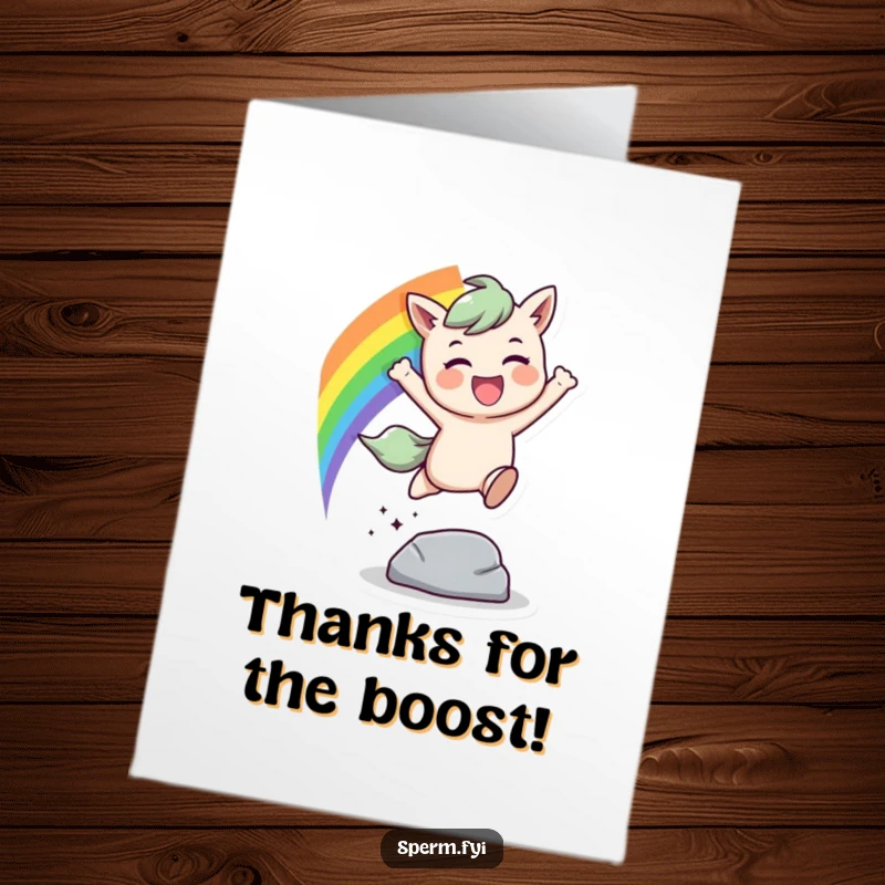 Funny free printable thank you card: a joyous character with a rainbow trail leaping over an obstacle, a vibrant downloadable gift.