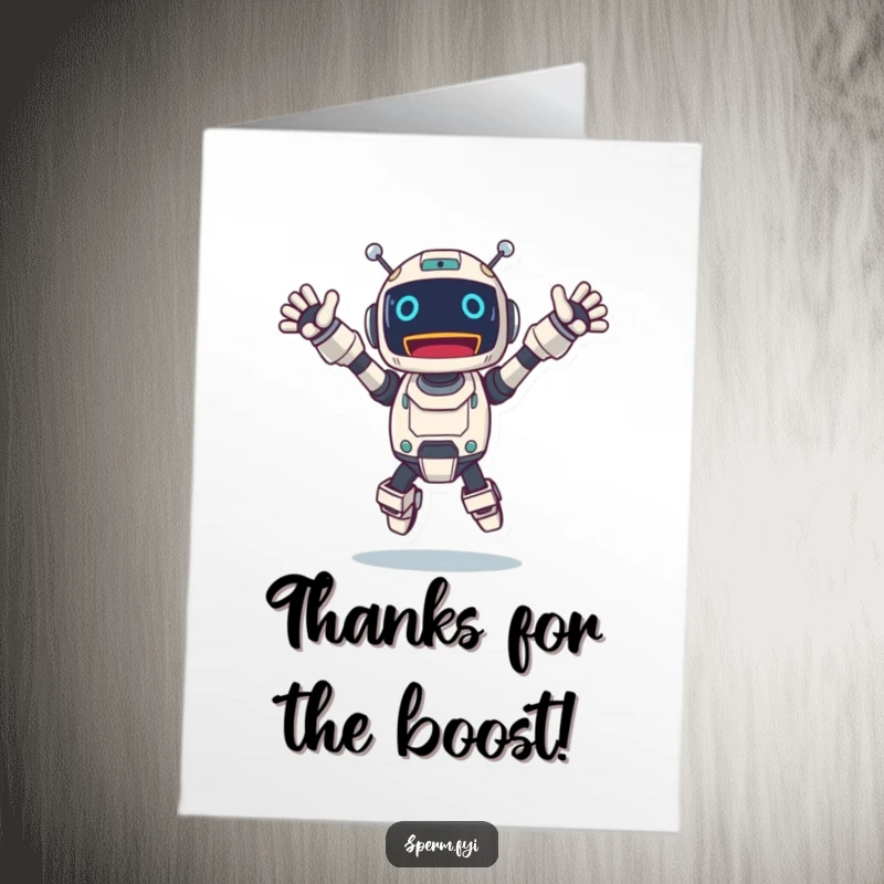 Funny Free Printable Thank You Card: Enthusiastic robot character jumping for joy, arms outstretched, expressing sincere thanks with a happy whir.