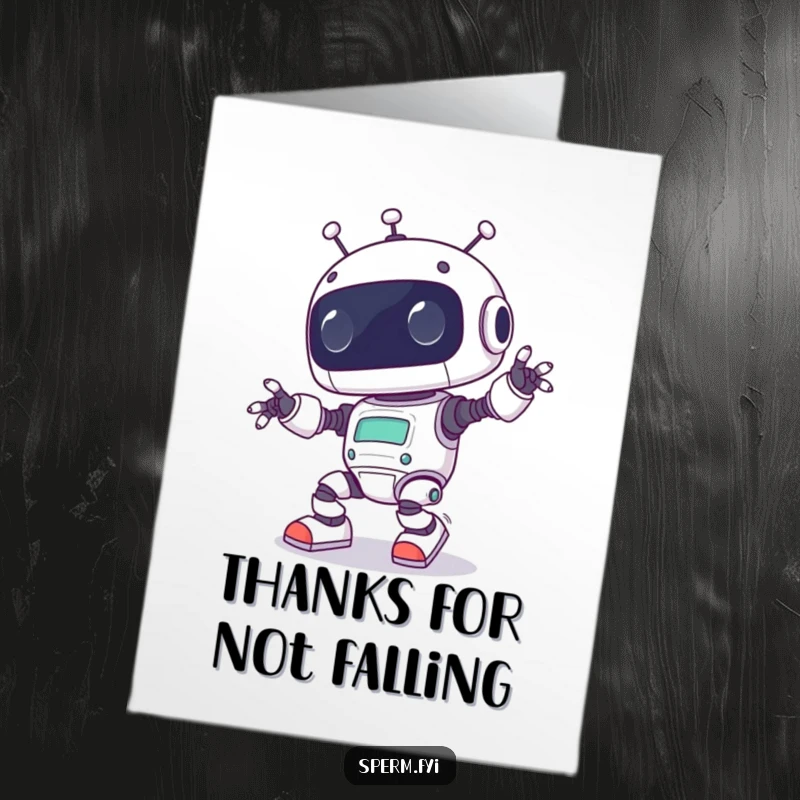 Funny Free Printable Thank You Card: Cute Kawaii robot comically tripping over its feet, expressing thanks with humor.