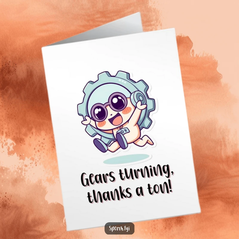 Funny Free Printable Thank You Card: A quirky gear character in a playful tumble, a unique downloadable greeting.