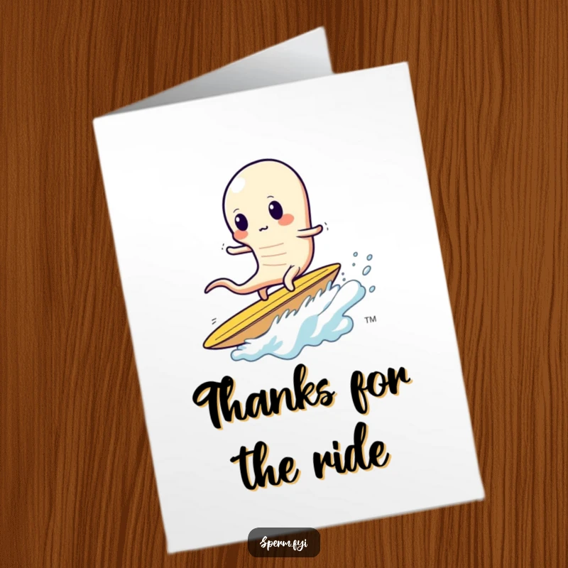 Funny Free Printable Thank You Card: Sperm surfers a large potato chip with a wobbly stance, expressing thanks. Humorous.