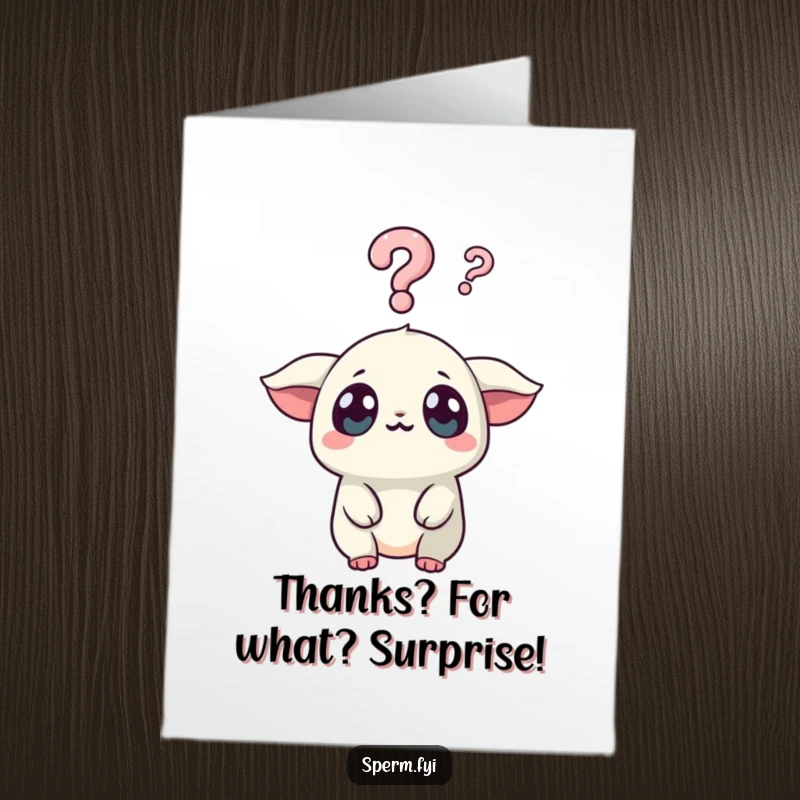Funny Free Printable Thank You Card: Cute Kawaii creature with wide eyes looking surprised at a question mark, a humorous thank you.