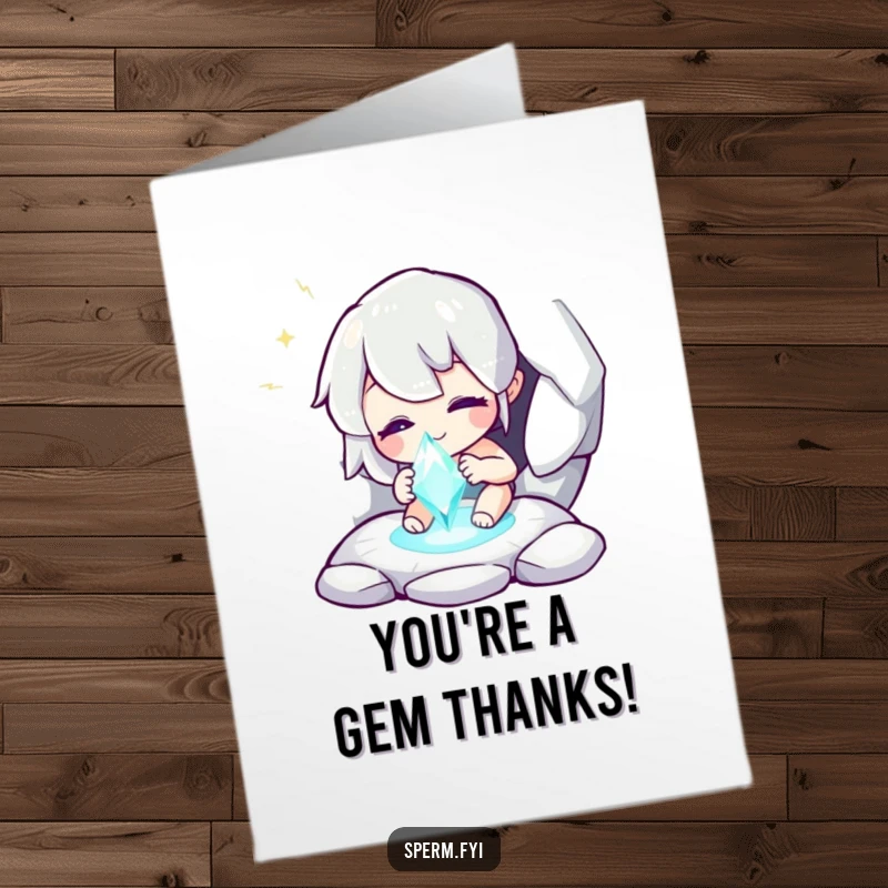 Funny free printable thank you card depicting a whimsical character amazed by a sparkling, newly discovered hidden gem.