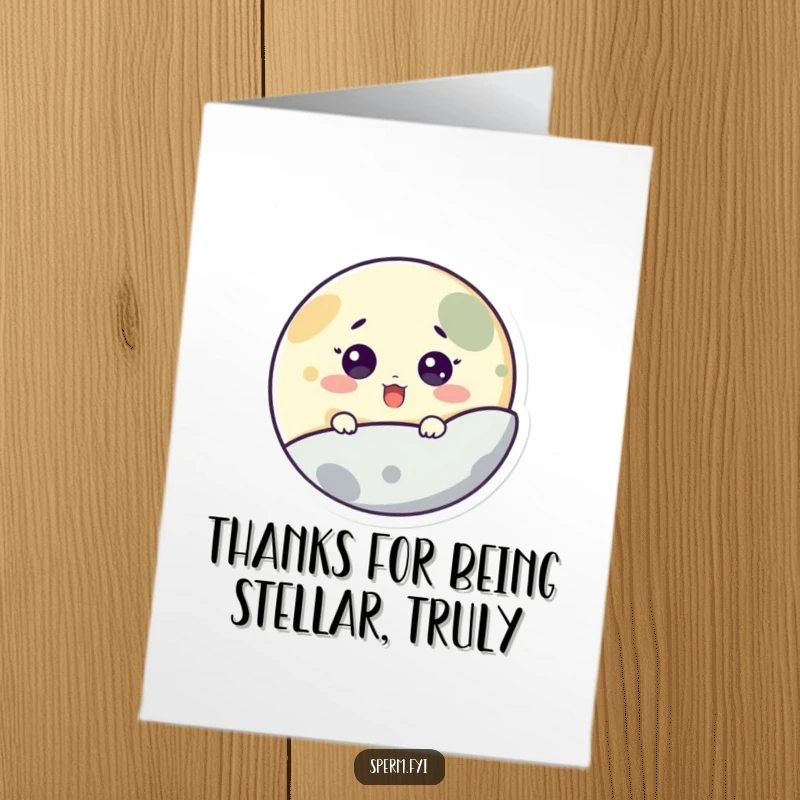 Funny Free Printable Thank You Card featuring a surprised moon character peeking from behind a planet, a delightful way to say thanks.