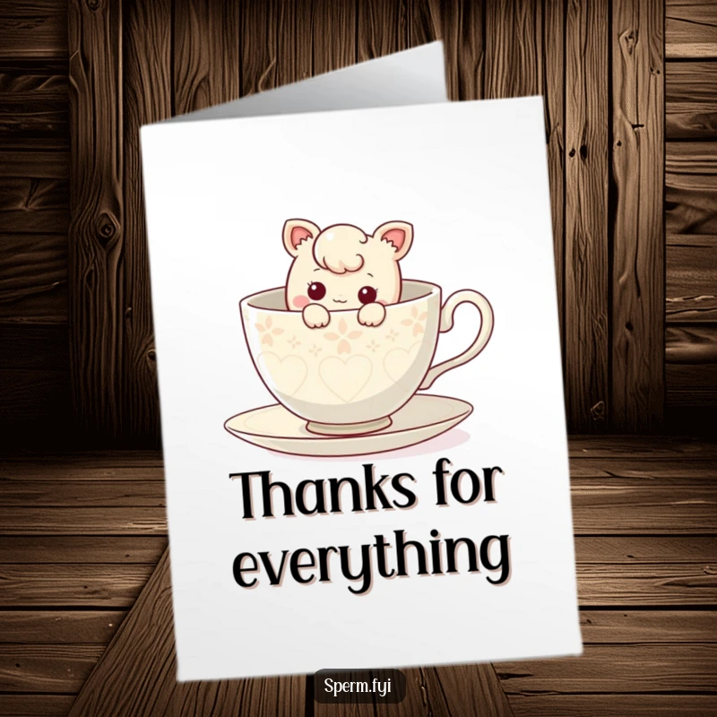 Funny Free Printable Thank You Card: Curious character peeking out from inside a giant teacup, a fun way to say thanks.