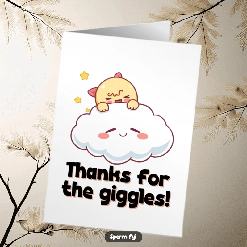 Funny free printable thank you card: a mischievous character tickling a sleeping, smiling cloud, a humorous downloadable gift.