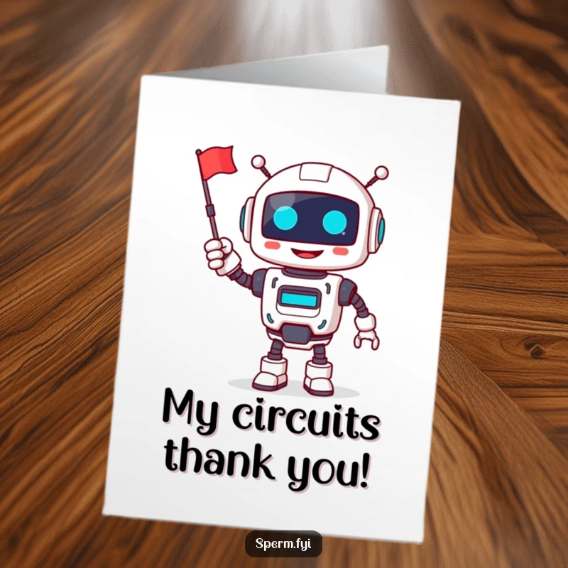 Funny Free Printable Thank You Card: A smiling robot cheerfully waves a tiny flag to express thanks warmly.