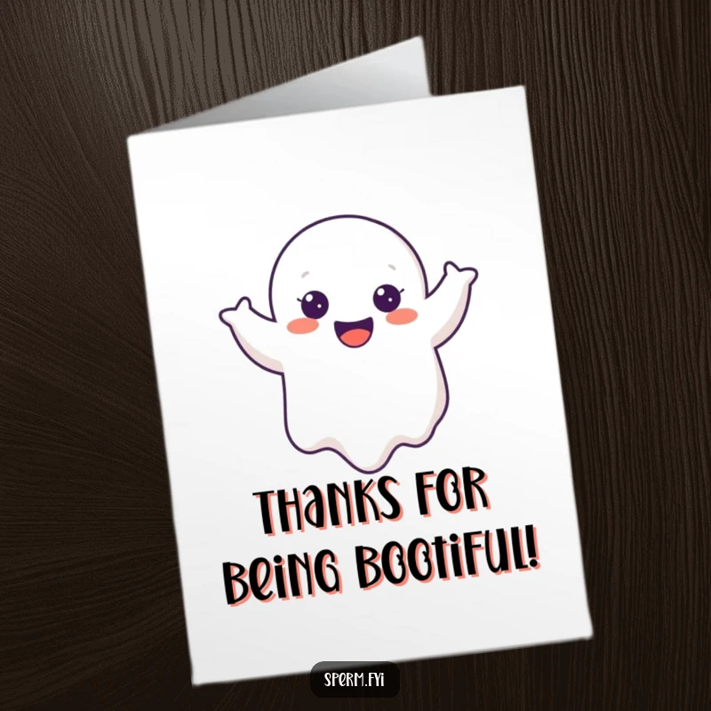 Funny Free Printable Thank You Card: A cheerful ghost floats and wobbles with happiness, showing thanks.