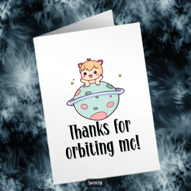 Funny free printable thank you card of a playful character giving a comical, floating planet a friendly boop.