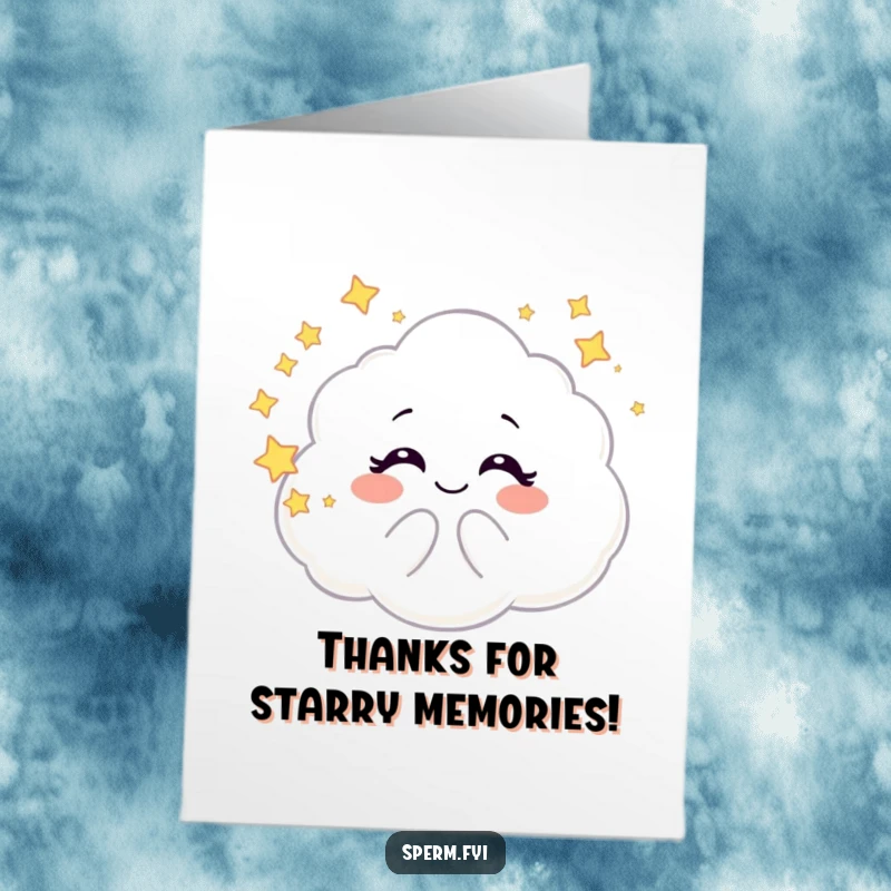 Funny Free Printable Thank You Card: A giggling galaxy cloud character blows bubbly stars, conveying thanks with a lighthearted, cheerful gesture.