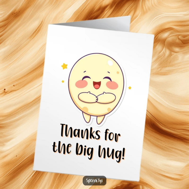 Funny Free Printable Thank You Card: A joyful moon character gives a big, happy hug, showing heartfelt thanks with a smile.