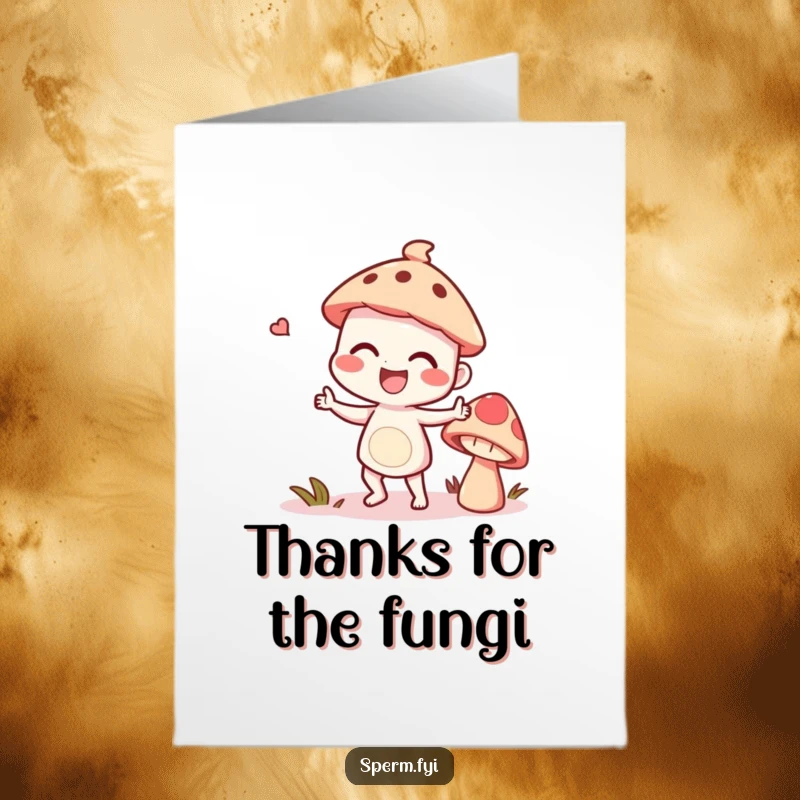 Funny Free Printable Thank You Card: Giggling character does a silly dance with a talking mushroom, a fun way to say thanks.