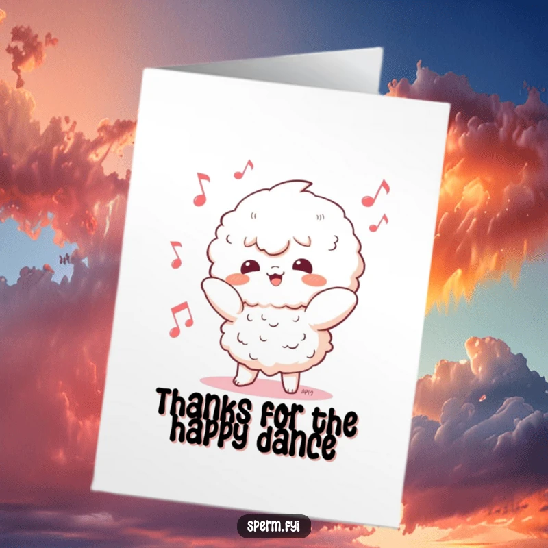 Funny Free Printable Thank You Card of a fluffy Kawaii character dancing joyfully, surrounded by cheerful musical notes.