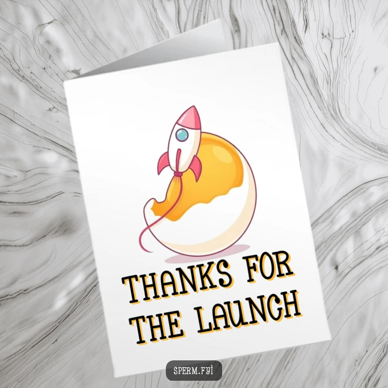 Funny Free Printable Thank You Card: Sperm rocket launching from an egg yolk, giving thanks for the journey. Humorous.