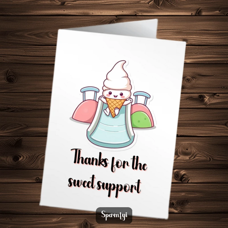 Funny Free Printable Thank You Card of a grinning Kawaii ice cream cone joyfully sliding down a colorful slide.