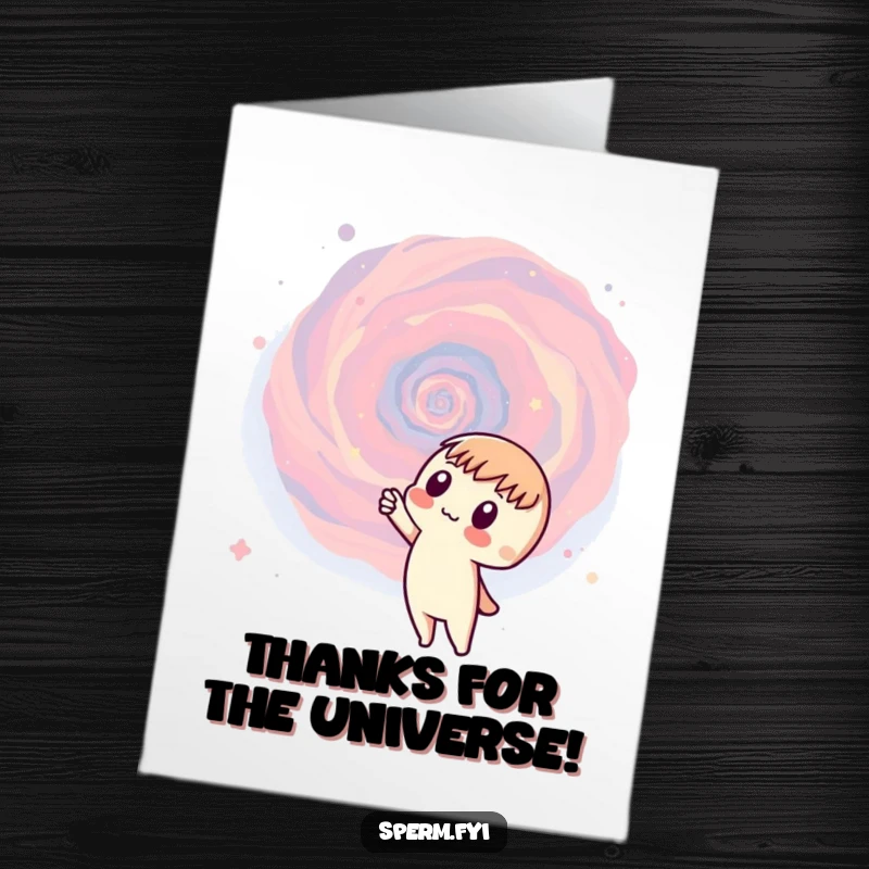 Funny free printable thank you card where a curious character points upwards at a stunning, intricate swirling galaxy.