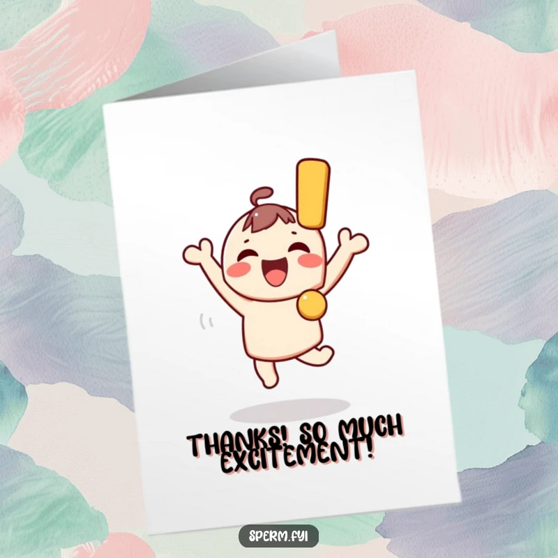 Funny Free Printable Thank You Card: Cute Kawaii character jumping with joy holding an exclamation mark, a fun thank you.