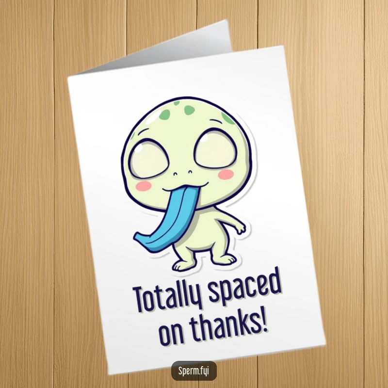 Funny Free Printable Thank You Card: A surprised alien sticks out a long, blue tongue, delivering a shocking thank you.