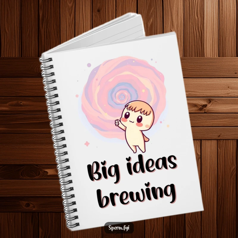 Funny galaxy notebook with a curious character pointing at a swirling galaxy, perfect for jotting down cosmic ideas.