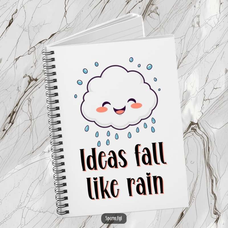 Funny notebook featuring a giggling cloud character sprinkling joyful raindrops, ideal for humorous note-taking.